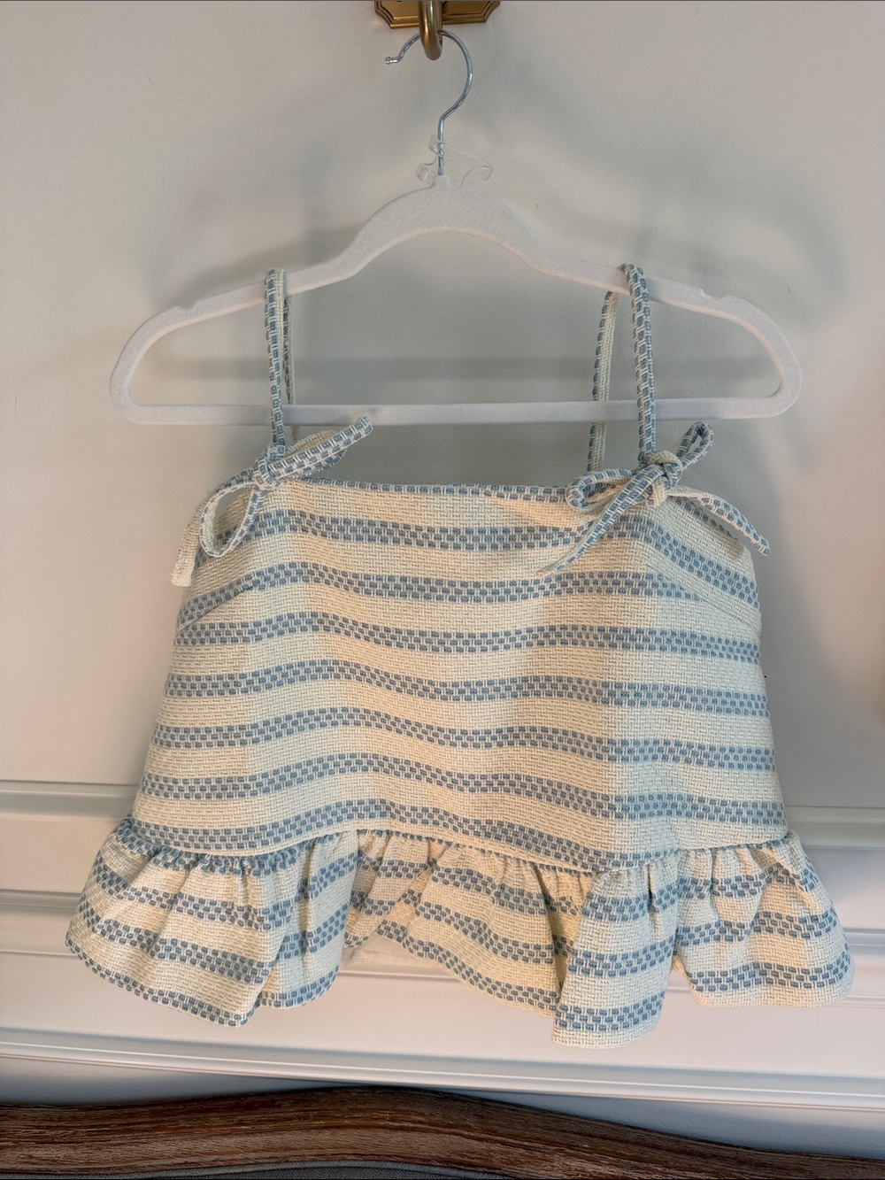 AUREUM Blue & Cream Striped Ruffle Cropped Tank